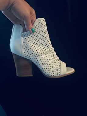 Women’s White Perforated Peep-Toe Block Heel Ankle Boot